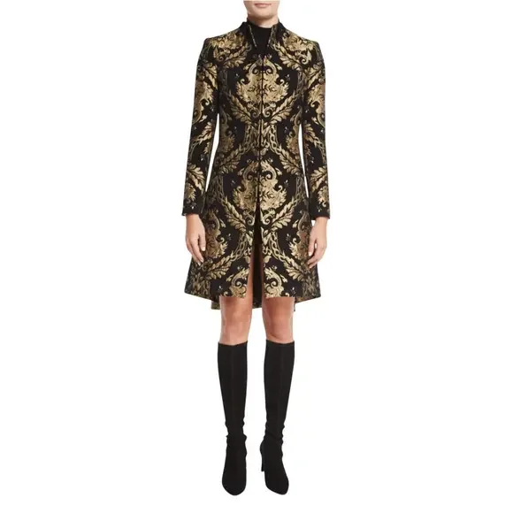 Alice‎ + Olivia Black Gold Brocade Jacquard Collarless Long Jacket Coat XS - Picture 3 of 9
